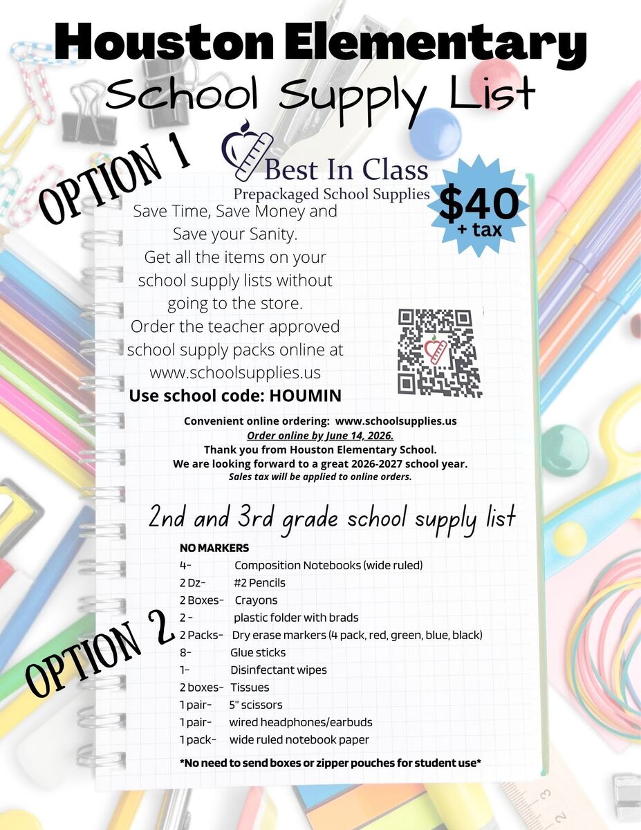 Houston Elementary School Supply Lists Available for 2026-2027 School Year
