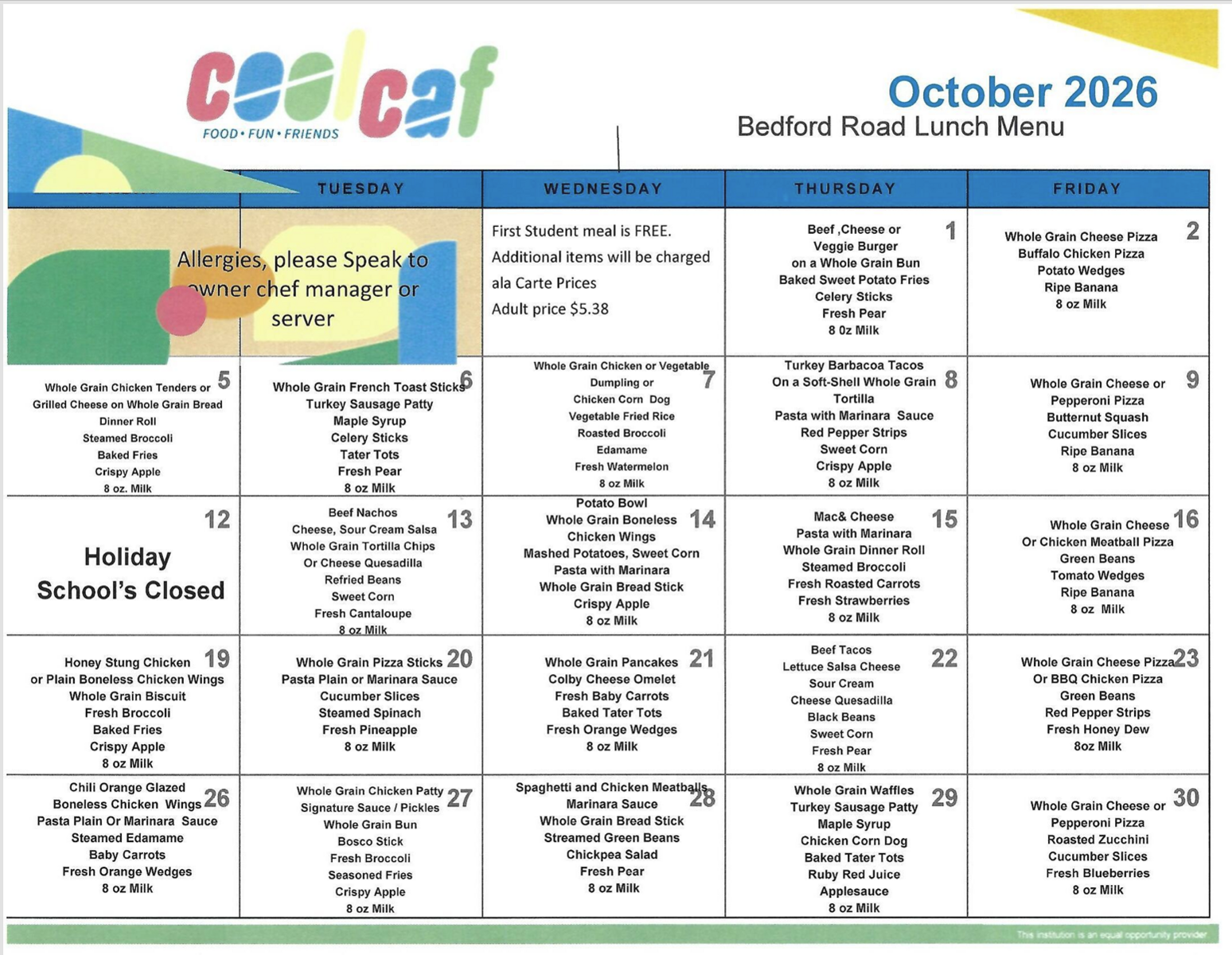 HS October '26 Breakfast and Lunch Menus