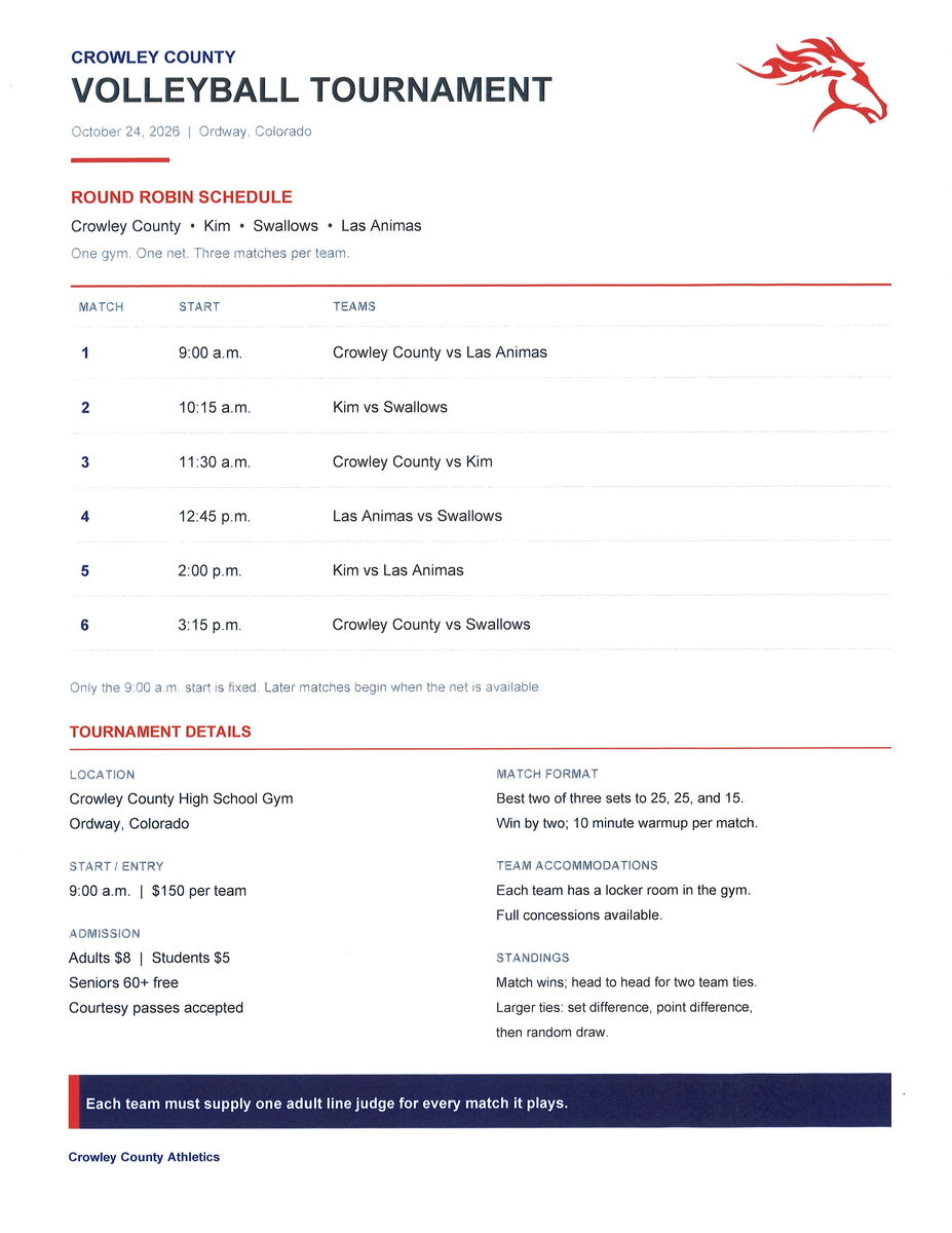 Updated times!!!!!!!      HS Volleyball @ Crowley Cnty Tournament on 10/24: 
