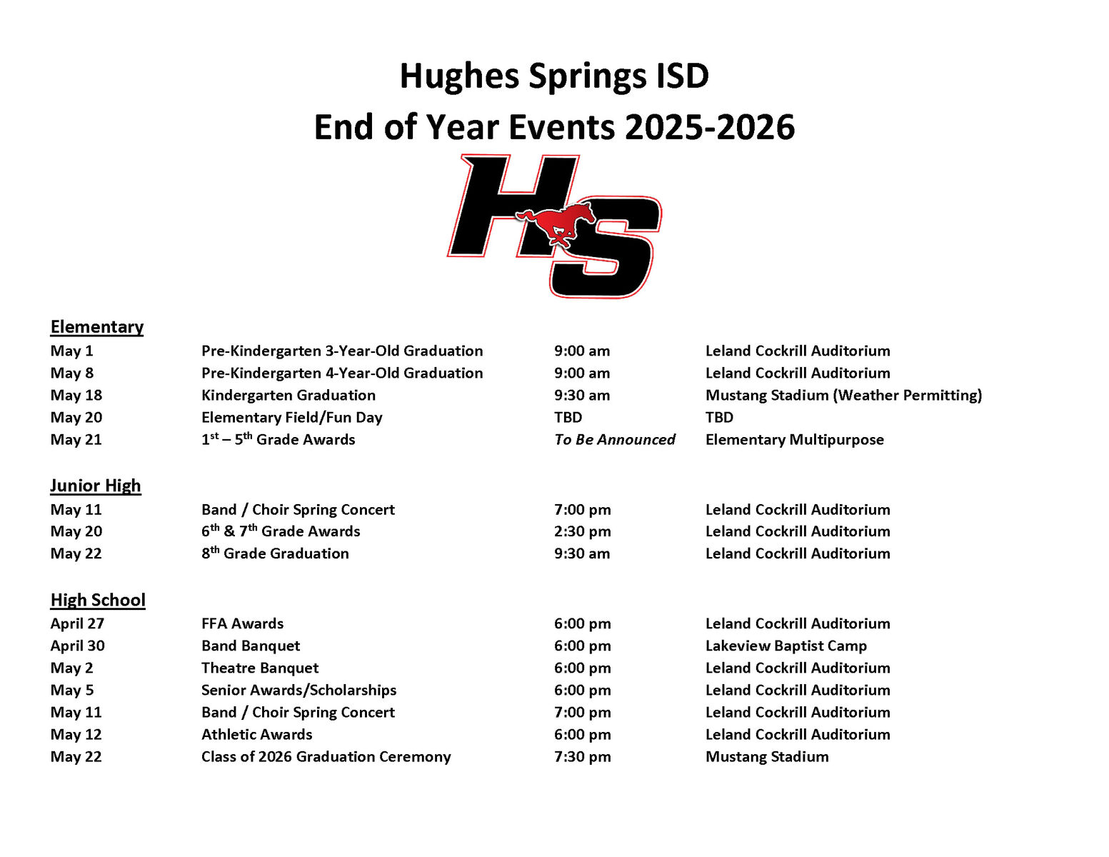 End of Year Events List