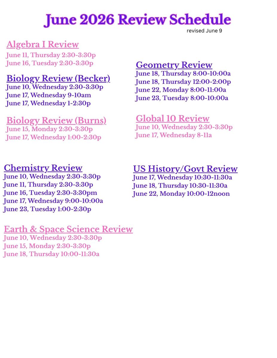 Updated finals review schedule